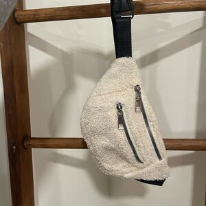 Cream Sherpa Crossbody Belt Bag with Double Zipper